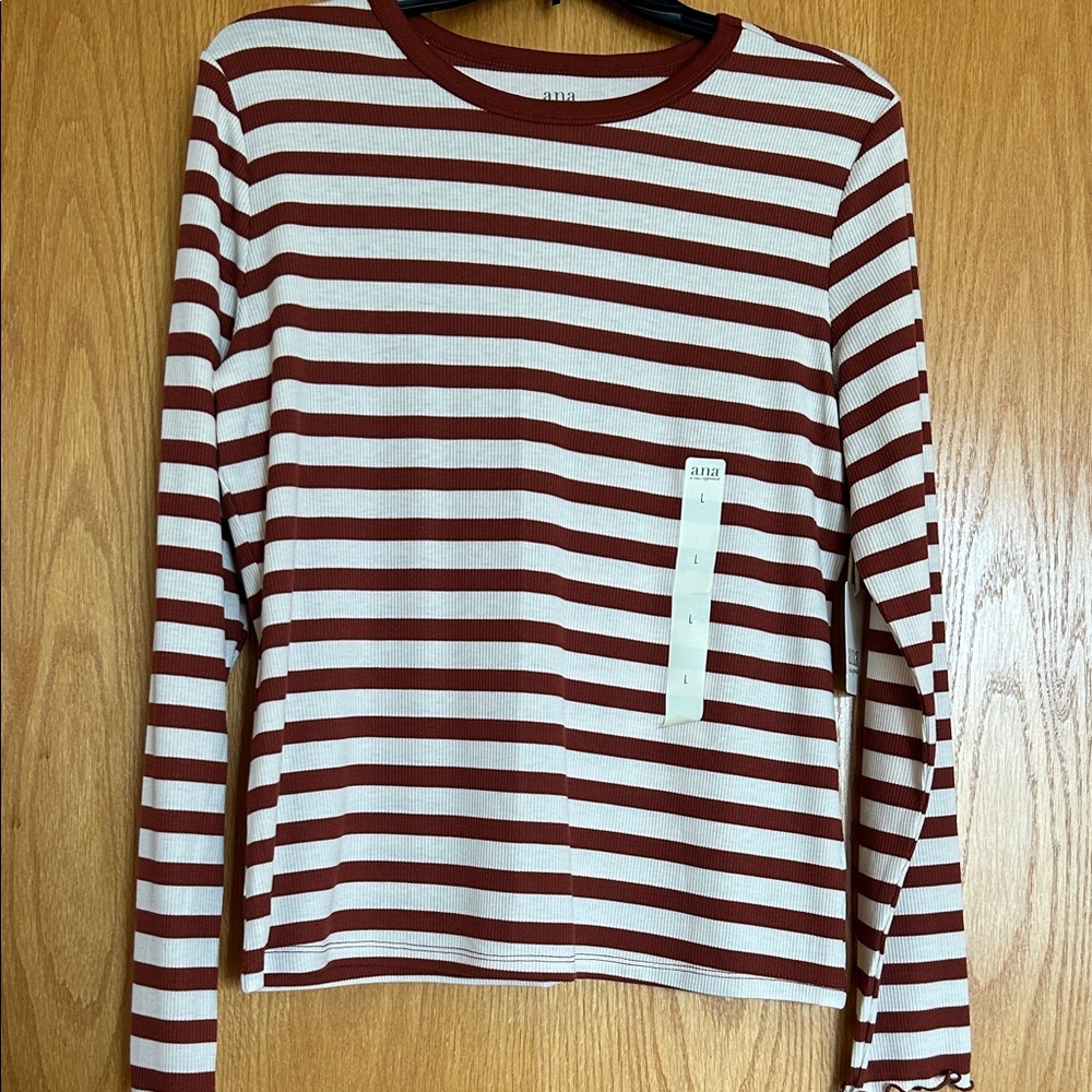 Women’s long sleeve top.  a.n.a.   Brown and beige stripes.  Size L.  NWT